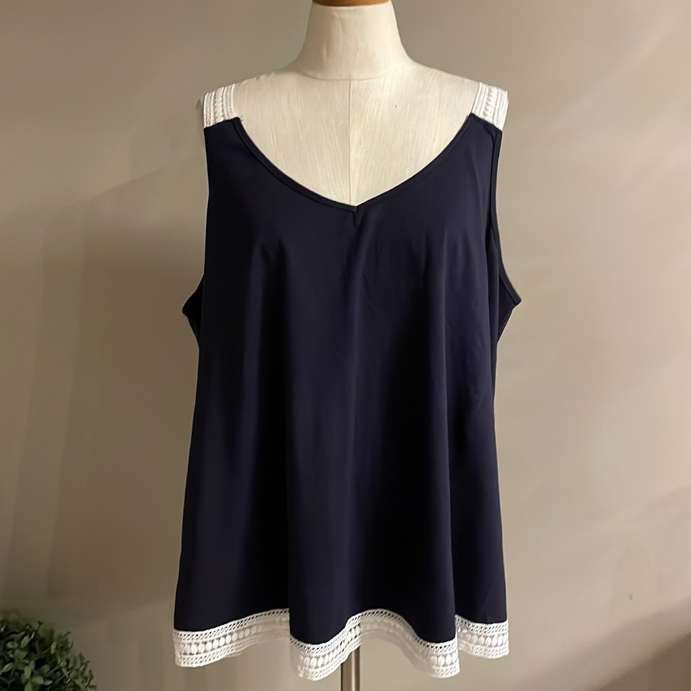 EMERY ROSE Plus solid navy blue tank top LACE straps and hem cotton stretch 3XL